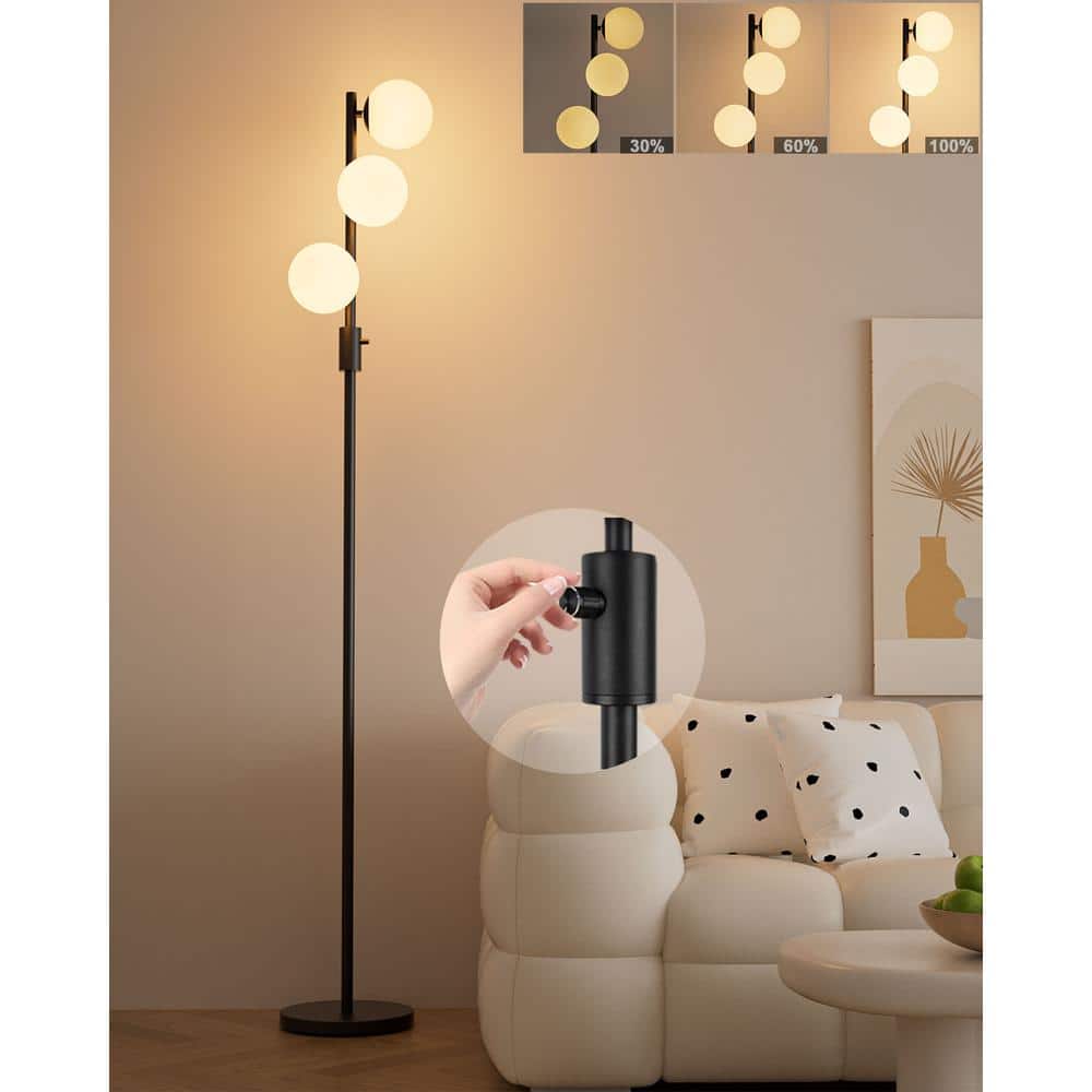64 in. Black Globe 3-Lights Smart Dimmable Standard Floor Lamp For Living R