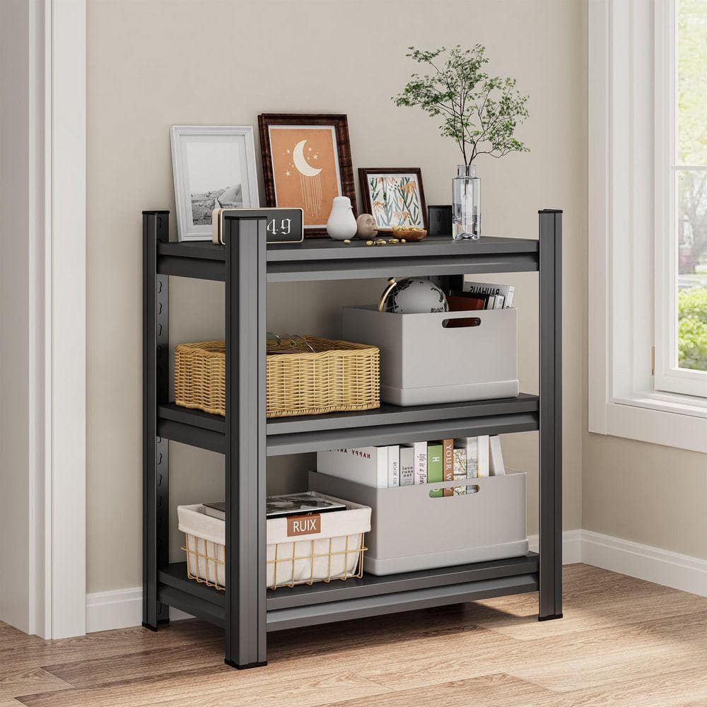3-Tier Metal Shelf, Freestanding Shelf, Adjustable Divider Unit for Home, Office, Den, Kitchen, Living Room in Black