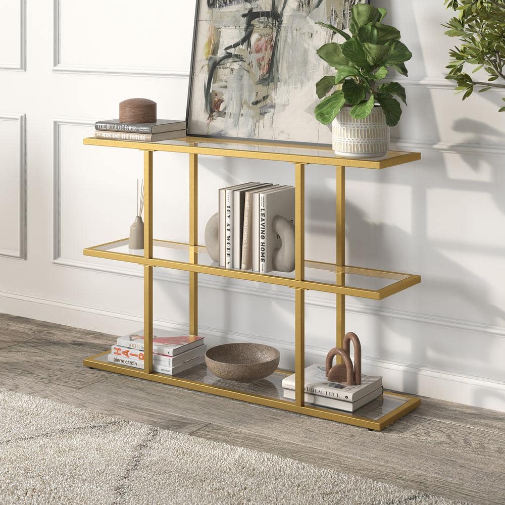 Cantilevered Brass & Tempered Glass Console Table with Triple Shelves