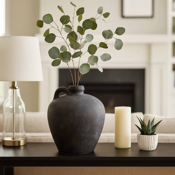 Liv & Skye 10 in. Black Ceramic Weathered Jug Decorative Vase with