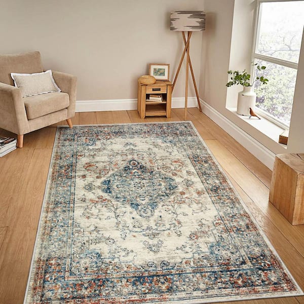 5 ft. x 7 ft. Blue Yellow Abstract Washable Area Rug for Bedroom, Dining Room, Living Room