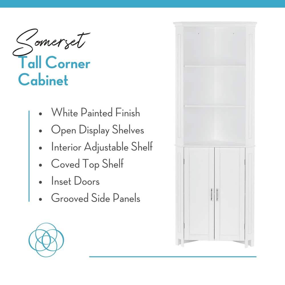 White Tall Corner Storage Cabinet with Adjustable Shelving