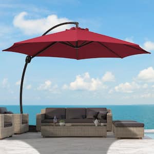 12 ft. Large Outdoor Aluminum Curvy Cantilever Offset Hanging Patio Umbrella with Sandbag Base and Cover in Red
