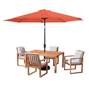 6 Piece Set, Weston Wood Outdoor Dining Table Set with 4 Cushioned Chairs, and 10-Foot Auto Tilt Umbrella Orange