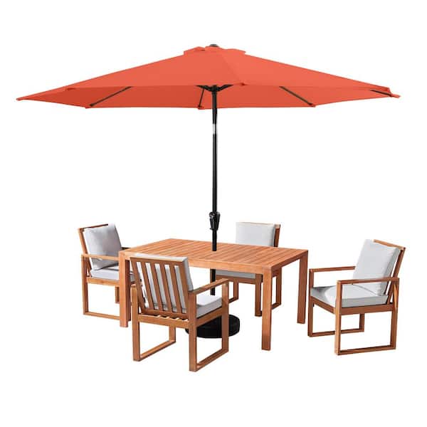 Alaterre Furniture 6 Piece Set, Weston Wood Outdoor Dining Table Set with 4 Cushioned Chairs, and 10-Foot Auto Tilt Umbrella Orange