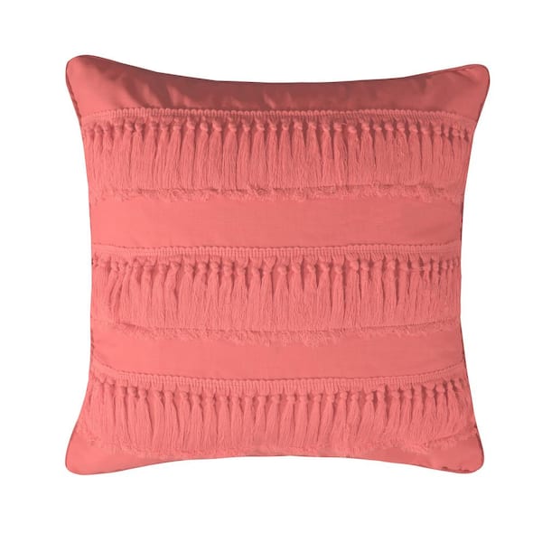 LEVTEX HOME Majestic Coral 3 Row Tassel Trim 18 in. x 18 in. Throw Pillow