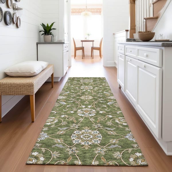 Mayfield Premium Machine Washable Abstract AMF1149 Olive 2 ft. 3 in. x 7 ft. 6 in. Runner Rug