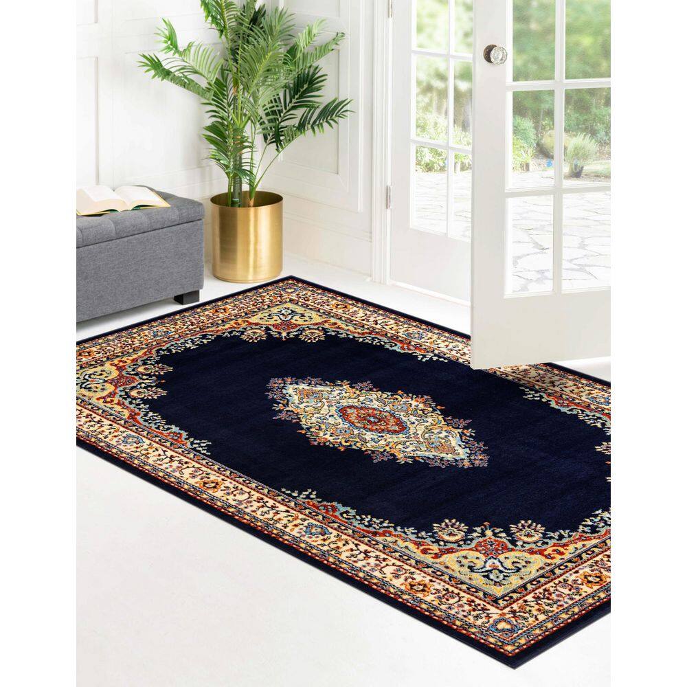 Navy Blue Medallion 8' x 10' Easy-Care Synthetic Rectangular Rug