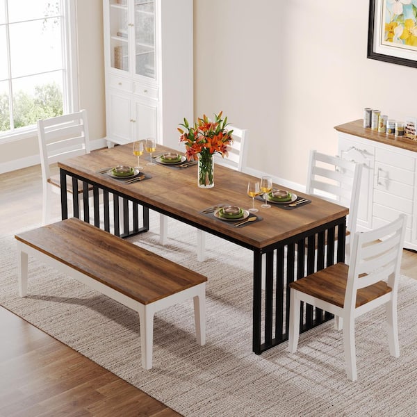 Roesler 78.7in. Brown Wood Dining Table Sled Long Rectangle Dining Table Industrial Kitchen Table for 8 with Metal Frame