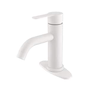Waterfall Spout Single Handle Single Hole Bathroom Faucet with Deckplate Included and Pop-Up Drain in Matte White