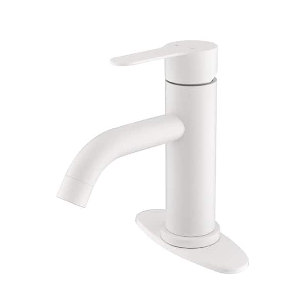 Lukvuzo Waterfall Spout Single Handle Single Hole Bathroom Faucet with Deckplate Included and Pop-Up Drain in Matte White