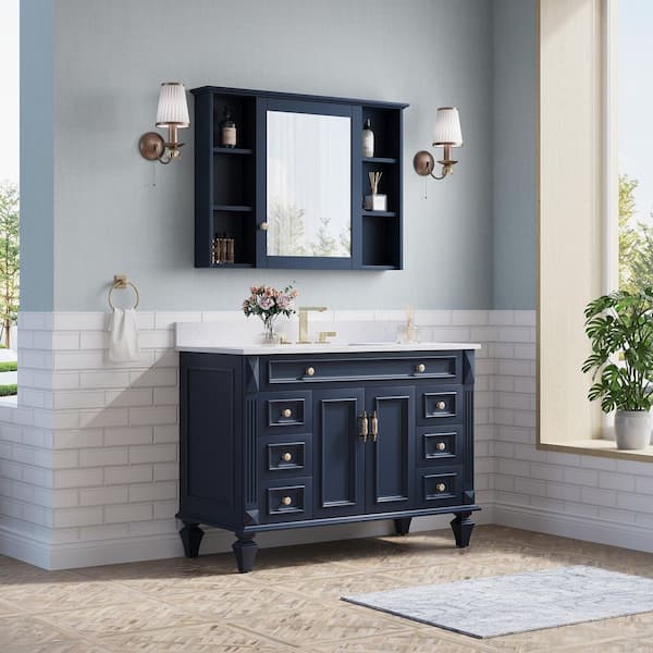 48 in Single Sink Freestanding Solid Wood Bath Vanity in Navy Blue with White Quartz Top, Soft-Close, Full Assembled