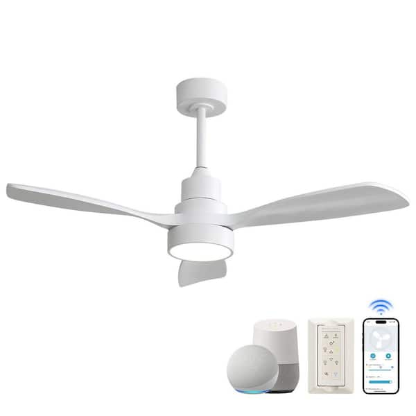 Sofucor 48 in. Indoor/Outdoor Wood White Ceiling Fan with Light Kit, Remote Control and App
