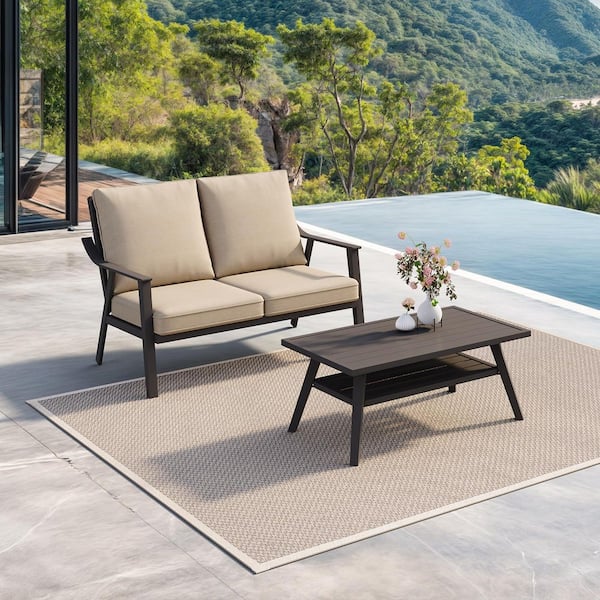 2 Pcs Patio Furniture Set with Thick Cushion Metal Patio Conversation Sets with Loveseat & Coffee Table Patio Sofa Set