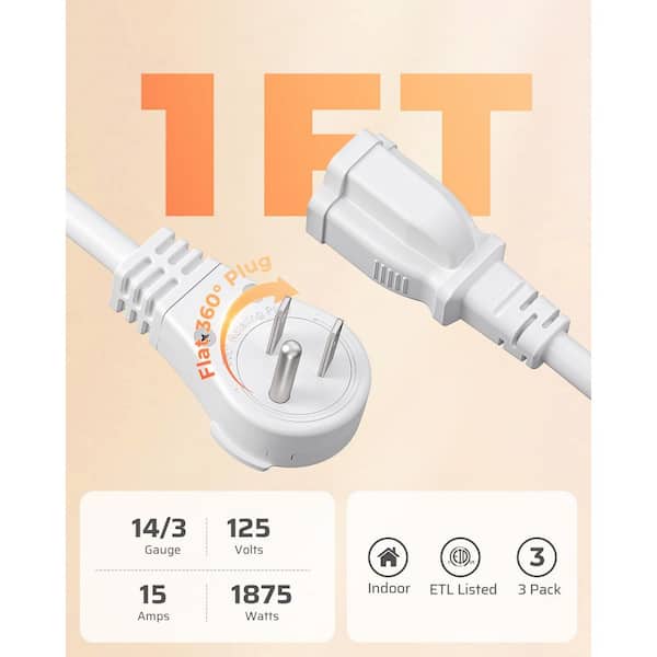 1 ft. SJTW 14 / 3 Gauge Indoor Extension Cord with 3-Prong Outlets and Flat Head, 3 Pack, White