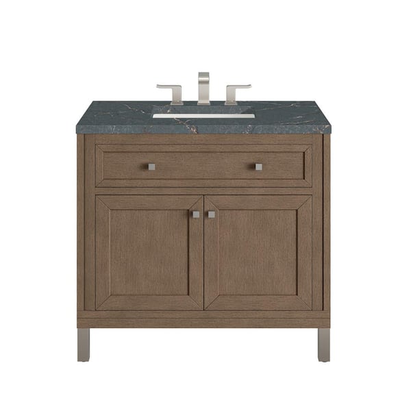 James Martin Vanities Chicago 36.0 in. W x 23.5 in. D x 33.8 in. H Single Bathroom Vanity Whitewashed Walnut and Parisien Bleu Quartz Top