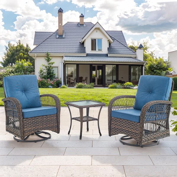 Brown 3-Piece Swivel Glider Wicker Outdoor Rocking Chair with Blue Cushions and Side Table