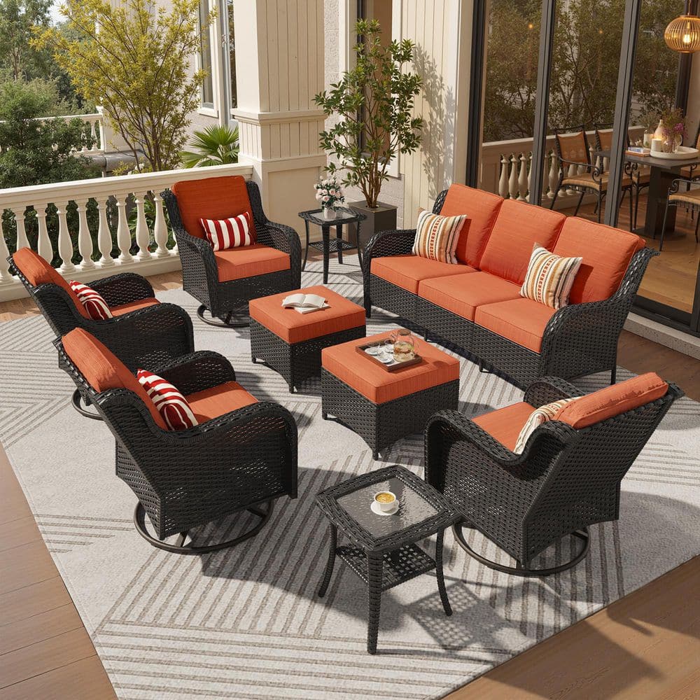 Garnet 9-Piece Wicker Outdoor Patio Conversation Sofa Seating Set with Swivel Rocking Chairs and Orange Red Cushions price history on PriceWatchPro