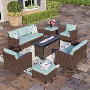 Brown Rattan 9 Seat 7-Piece Steel Outdoor Fire Pit Patio Set with Blue Cushions and Rectangular Fire Pit Table