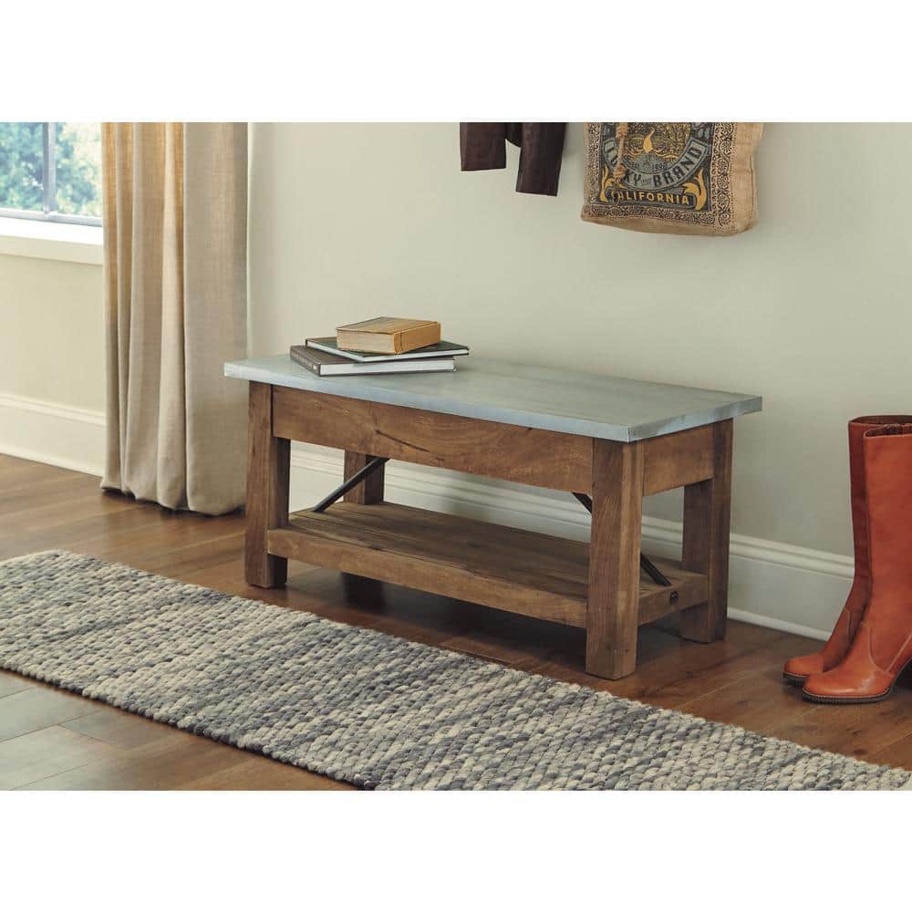 Modern Industrial Zinc and Wood 47" Bench with Storage Shelf