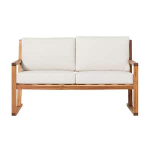Natural Slatted Wood Modern Outdoor Loveseat with Bisque Cushions