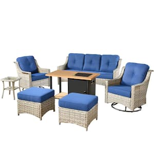 Denver 7-Piece Wicker Outdoor Patio Conversation Sofa Set with Swivel Chairs, a Storage Fire Pit and Navy Blue Cushions