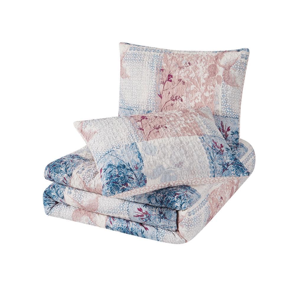 King Size Blue and Pink Microfiber Patchwork Duvet Cover Set