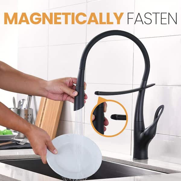 Magnetic Single-Handle Pull-Out Sprayer Kitchen Faucet with Deckplate and Water Supply Line Included in Matte Black