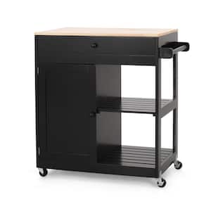 Rolling Small Black Wood Tabletop 32.5 in. Kitchen Island with Drawer