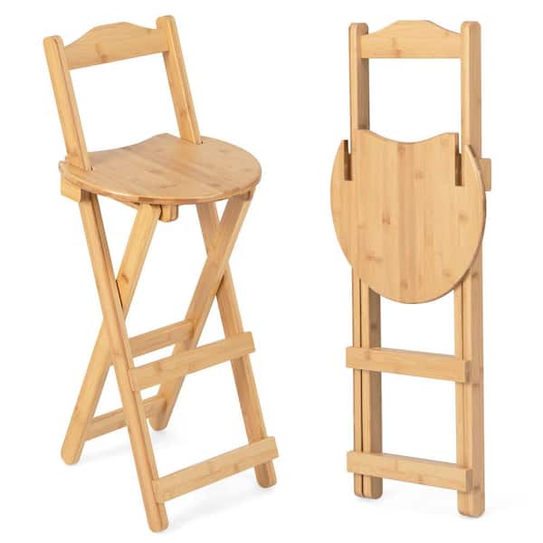 Gymax Set of 2 Bamboo Folding Barstools Counter Height Dining Chairs Installation Free
