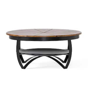 Hadfield 36 in. Black Round Mango Wood Top Coffee Table with Shelf