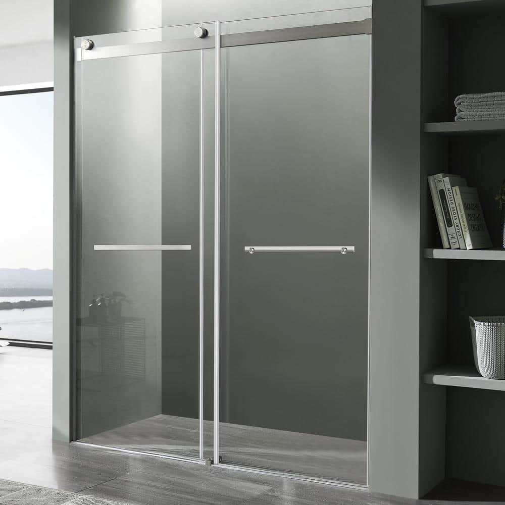 Kahn Series 48 in. x 76 in. H Sliding Frameless Shower Door in Brushed Nick