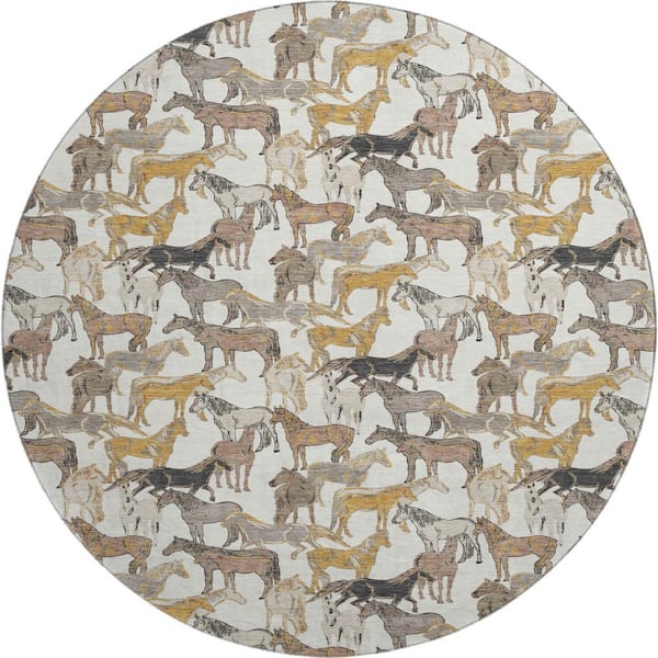 Mayfield Premium Machine Washable Abstract AMF2520 Ivory 8 ft. x 8 ft. Round Rug