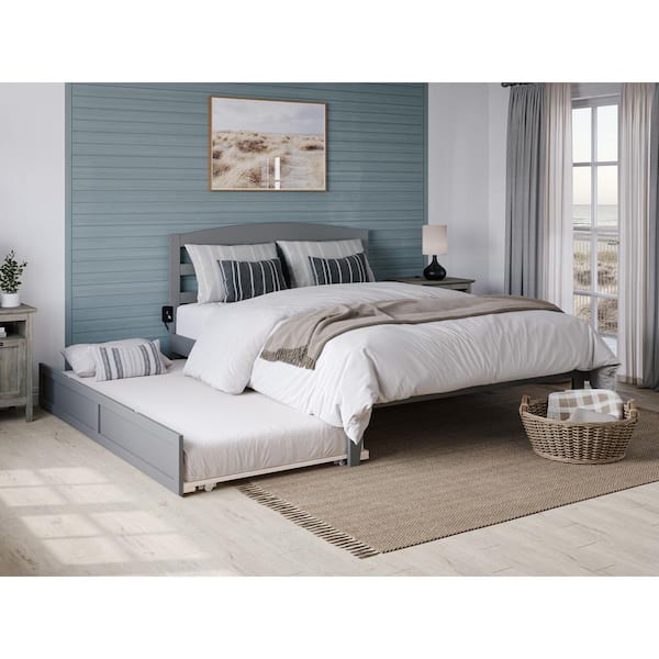 AFI Warren 53-1/2 in. W Grey Full Solid Wood Frame with Twin Pull Out Trundle Bed and USB Device Charger Platform Bed