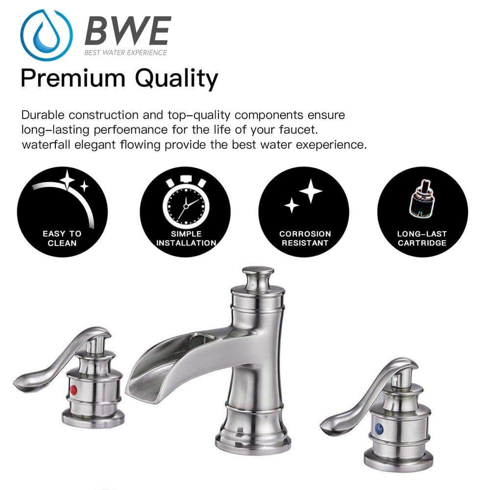Brushed Nickel 8-Inch Widespread Waterfall Bathroom Faucet