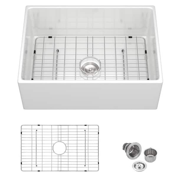 28" Gloss White Ceramic Porcelain Farmhouse Sink, Fireclay Apron Front, Deep Single Bowl, Farm Style Kitchen Sink