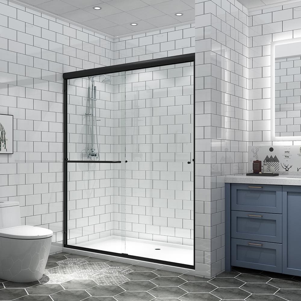 60" Matte Black Sliding Shower Door with Clear Glass