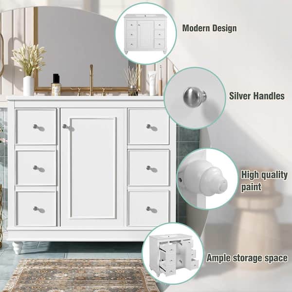 36 in. W Single Sink Freestanding Bath Vanity in White with White Ceramic Top, 4-Drawers and Adjustable Shelves