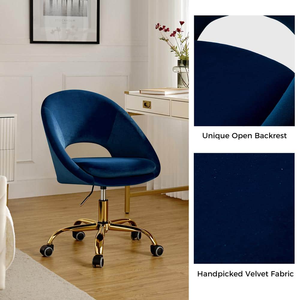 Ergonomic Navy Velvet Swivel Task Chair with Gold Metal Base