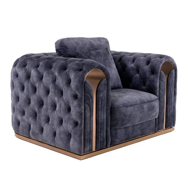 Benjara Gray and Gold Velvet Armchair