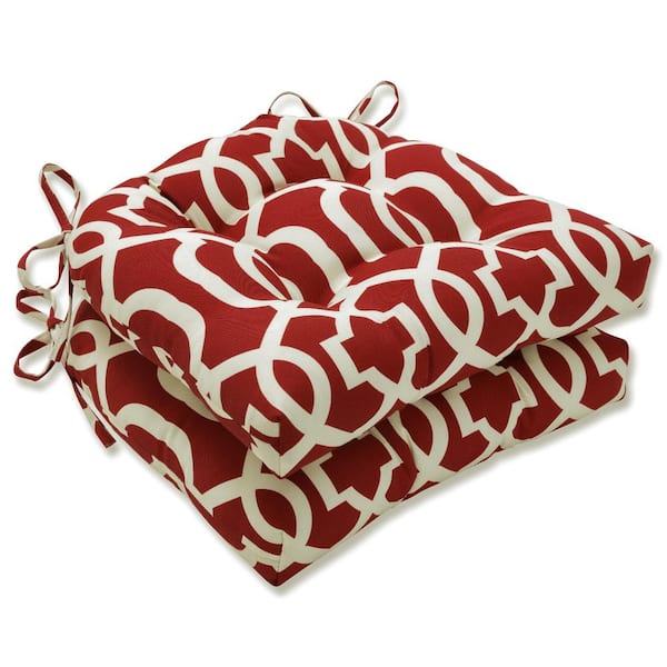 Pillow Perfect 16 in. x 15.5 in. Outdoor Dining Chair Cushion in Red/Ivory (Set of 2)