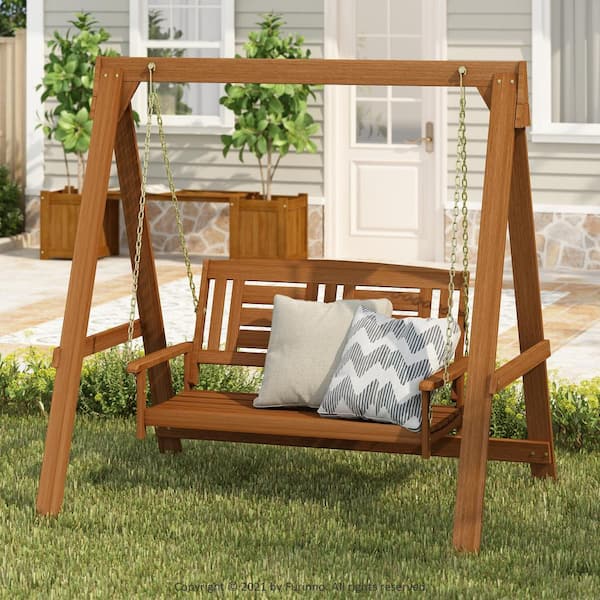 Tioman 65.55 in. 2-Person Hardwood Teak Oil Patio Swing with Stand