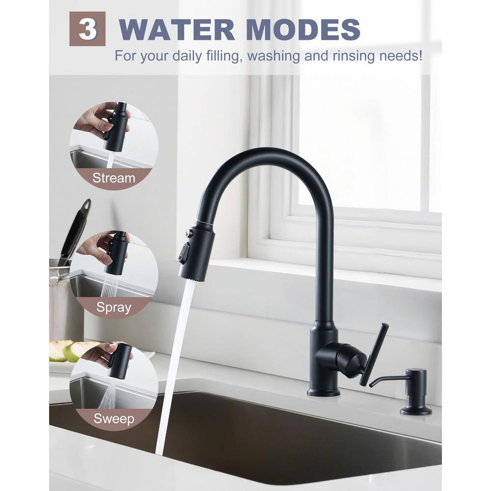 Matte Black Stainless Steel Pull-Down Kitchen Faucet with Soap Dispenser