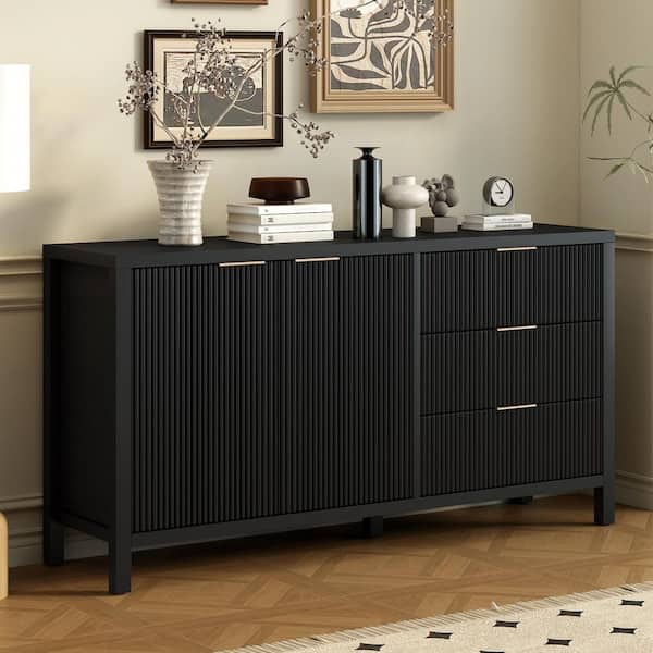 Harper & Bright Designs Black Wood 60 in. Vertical Stripe Storage Sideboard with Aluminum Handles and 3 Drawers