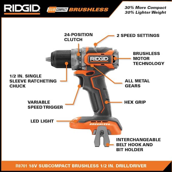 RIDGID - 18V Brushless SubCompact Drill Driver and Impact Driver Combo Kit with (2) 2.0 Ah Batteries, Charger and Bag