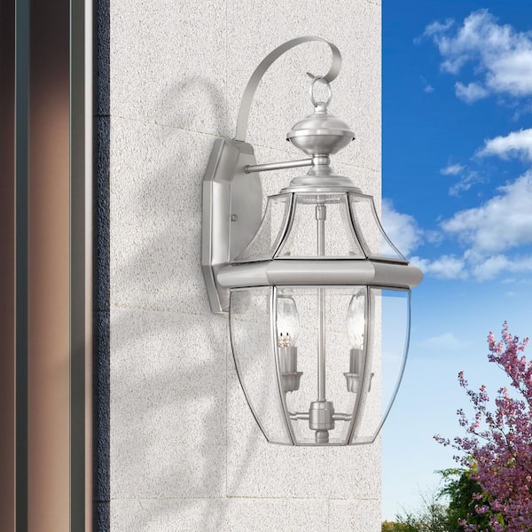 AVIANCE LIGHTING Aston 20.25 in. 2-Light Brushed Nickel Outdoor Hardwired Wall Lantern Sconce with No Bulbs Included
