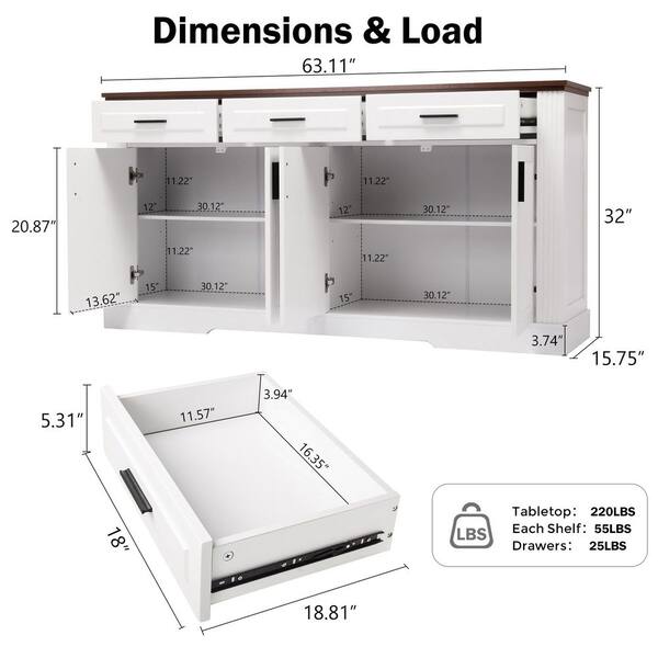 63 in. W x 15.7 in. D x 32 in. H White Linen Cabinet Sideboard