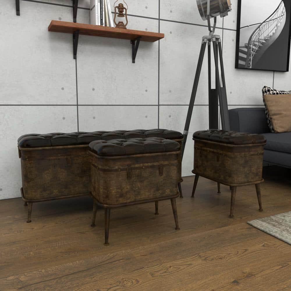 Brown Metal Storage Bench with Tufted Faux Leather Set