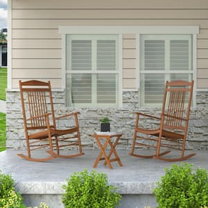 Wood Outdoor Bistro Set 3-Piece with 2-Rocking Chairs and 1-Foldable Coffee Table, Brown