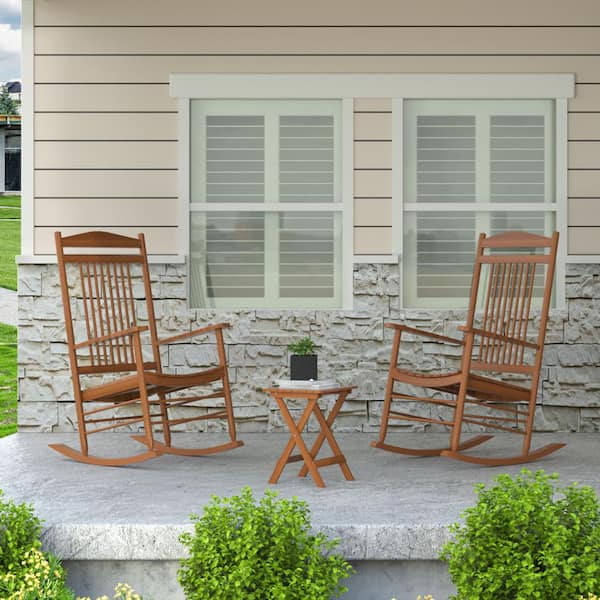 VEIKOUS Wood Outdoor Bistro Set 3-Piece with 2-Rocking Chairs and 1-Foldable Coffee Table, Brown